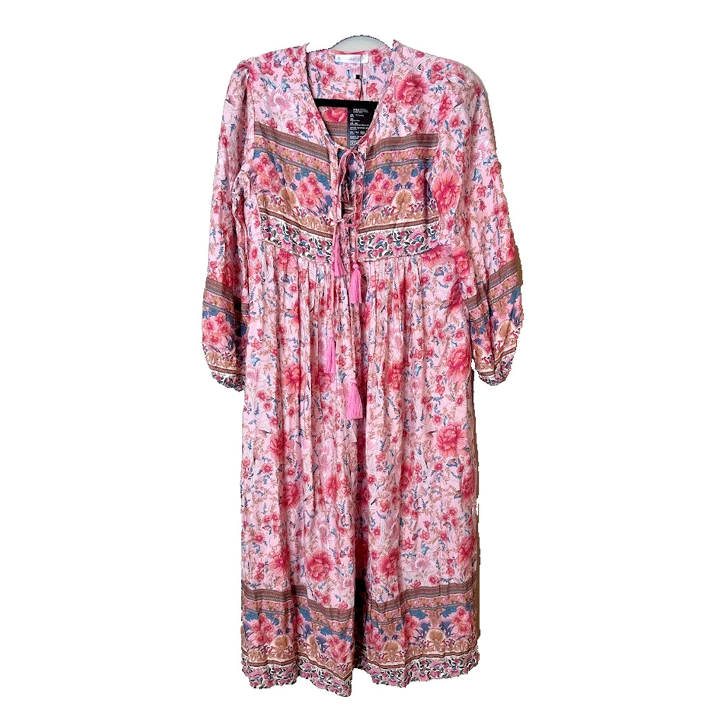 R Vivimos Maxi Dress Size XS Boho Cottage Peasant Floral Pink Tassel Flowy